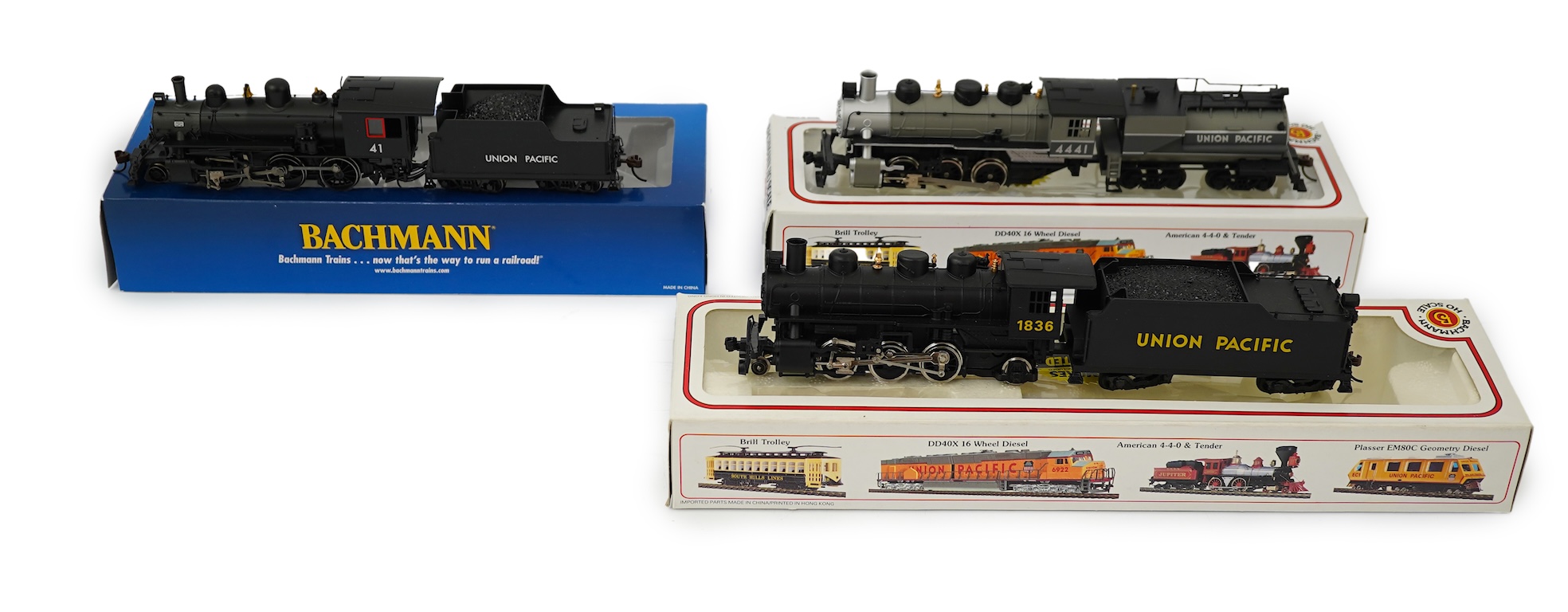 Three boxed HO gauge Bachmann Union Pacific locomotives; (51705) model of ALCO, 41, 2-6-0 locomotive with bogie tender, together with (51501) model of Prairie, 1836, 2-6-2 locomotive with bogie tender, and (50701) model